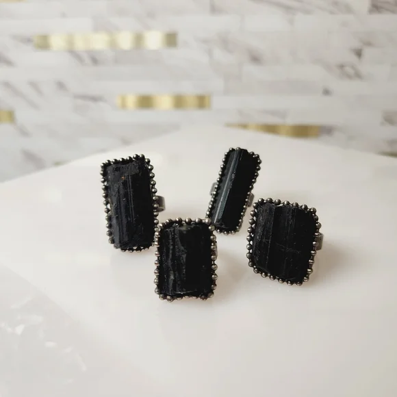 Raw Black Tourmaline Crystal Adjustable Ring - Picture 2 of 4